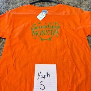 Gildan Orange Kids T-Shirt with Green 'Candy Monster' Design